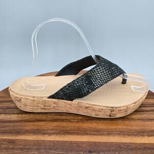 Crocs Sandals Women's 9 Black Leather Snake Print A Leigh Thong Comfort Platform